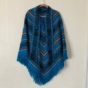 Woven Fringed Blanket Poncho, OS